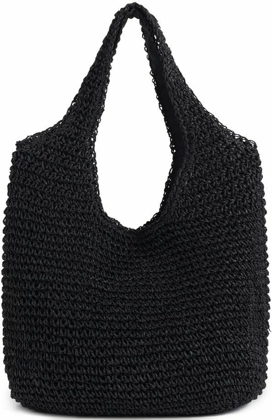 QTKJ Tote Handbags | Qtkj Hand-Woven Soft Large Straw Shoulder Bag Boho Straw Handle Tote Retro Summer Beach Bag Rattan Handbag (Black)