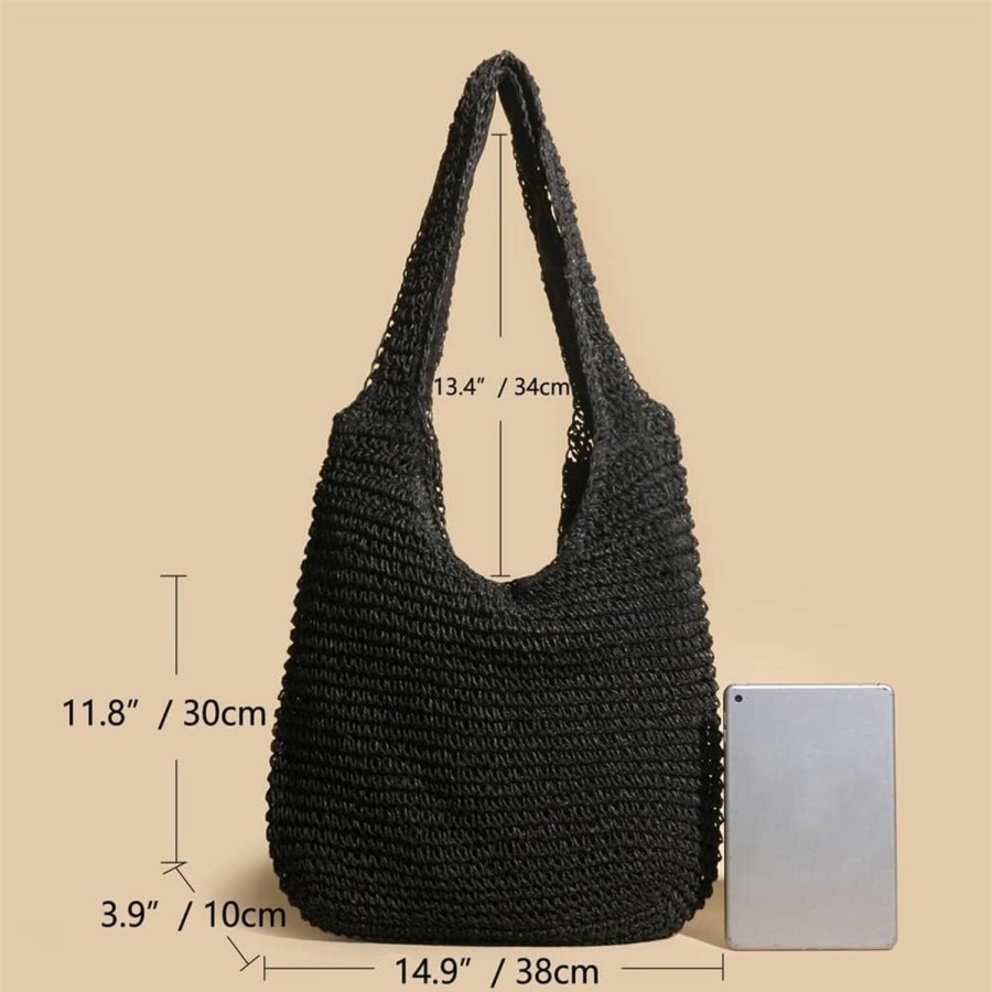 QTKJ Tote Handbags | Qtkj Hand-Woven Soft Large Straw Shoulder Bag Boho Straw Handle Tote Retro Summer Beach Bag Rattan Handbag (Black)