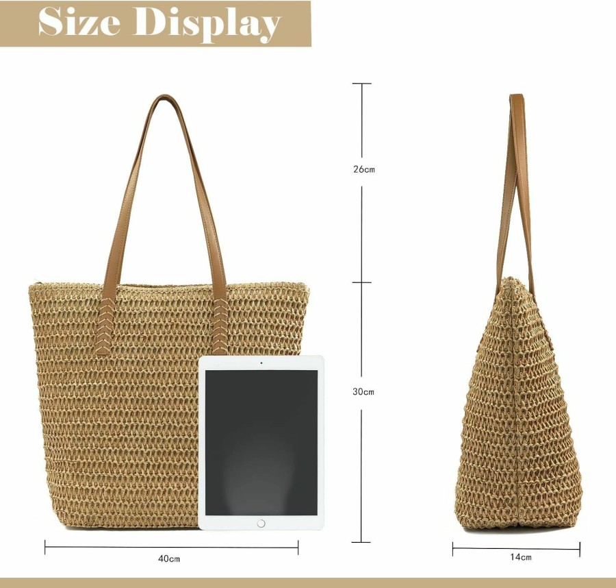 MAMUNU Tote Handbags | Mamunu Straw Bag For Women Summer, Large Straw Beach Tote Bag For Travel Vacation, Straw Shoulder Bag With Zipper And Lining