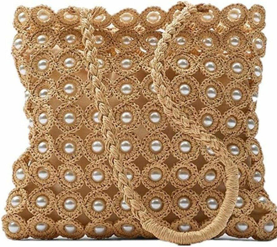 QTKJ Tote Handbags | Qtkj Hand-Woven Hollow Out Soft Straw Shoulder Bag With Pearl Flower, Boho Straw Handle Tote Summer Beach Bag Handbag