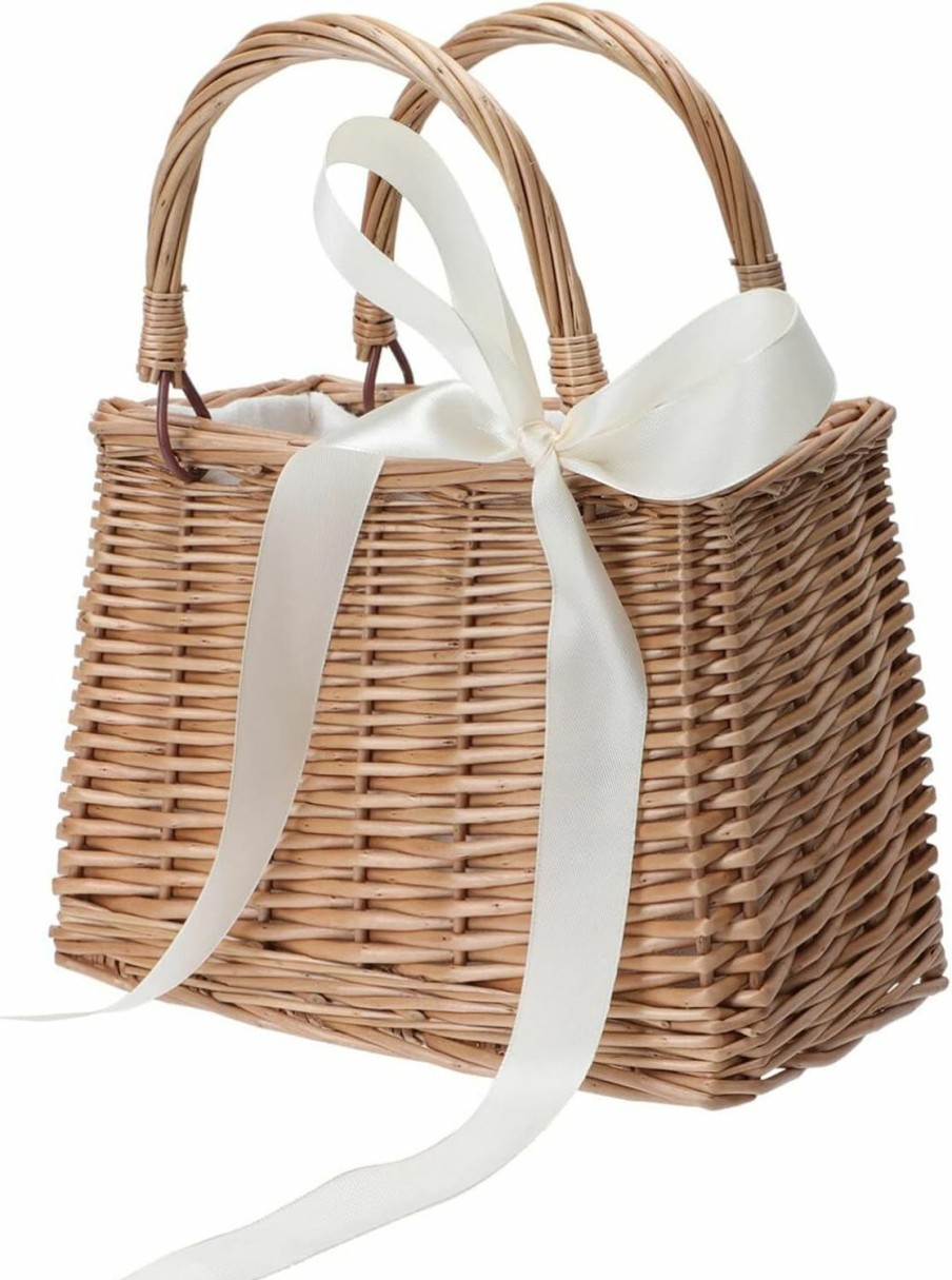 ABOOFAN Tote Handbags | Aboofan Wicker Handbag Woven Rattan Storage Basket Top Handles Wedding Flower Girl Baskets Boho Style Beach Bag Straw Tote Retro Summer Clutch Beach Basket Purse White