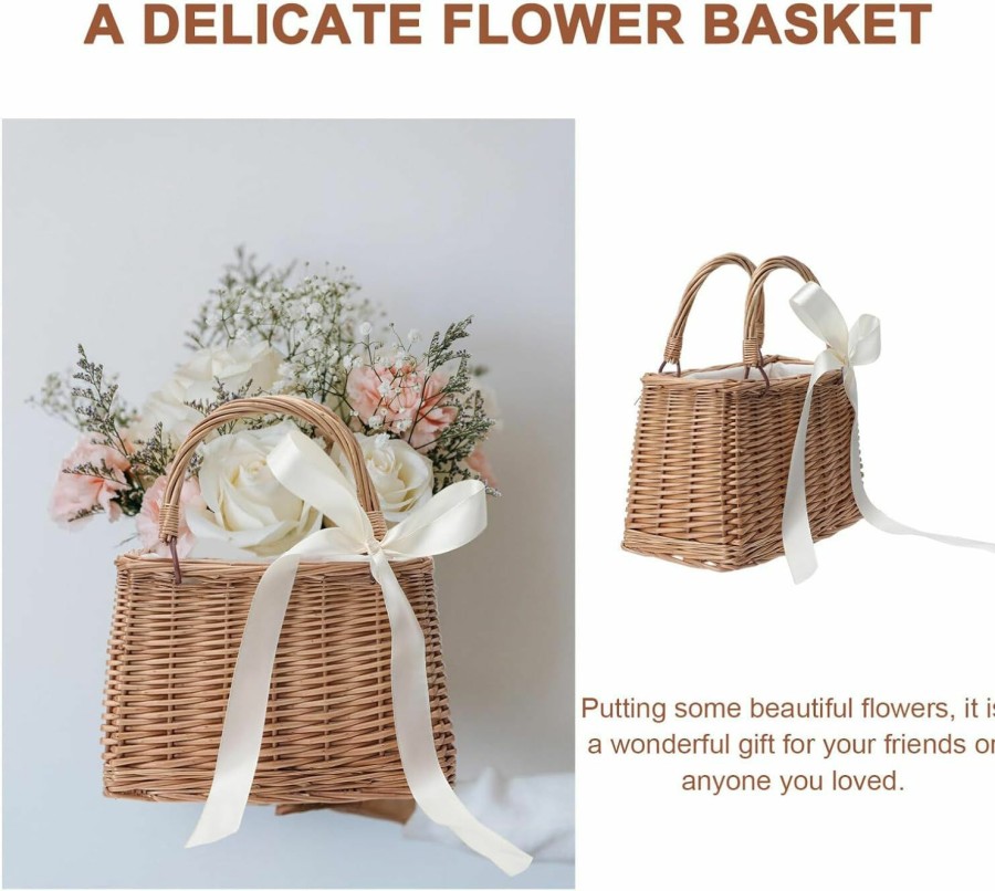 ABOOFAN Tote Handbags | Aboofan Wicker Handbag Woven Rattan Storage Basket Top Handles Wedding Flower Girl Baskets Boho Style Beach Bag Straw Tote Retro Summer Clutch Beach Basket Purse White