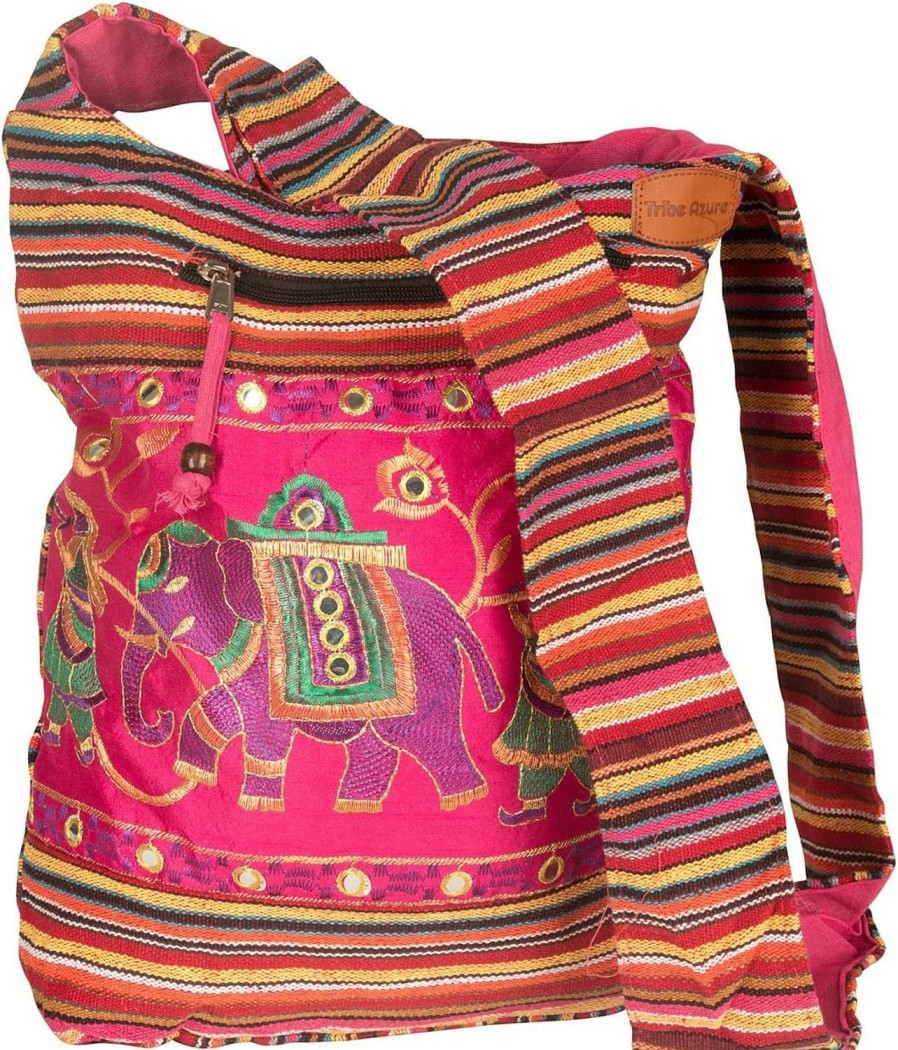 Tribe Azure Fair Trade Tote Handbags | Pink Shoulder Bag Handmade Embroidered Elephant Boho Bohemian Hippie Tote Gypsy Beach Bag