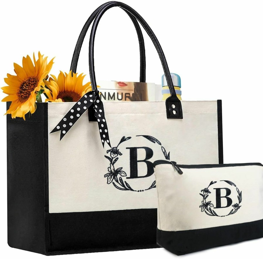 BeeGreen Tote Handbags | Beegreen Monogram Initial-Tote-Bag-For-Friends-Mom-Christmas-Large Canvas Bag With Pockets Embroidery,Cute Tote Bags With Zipper Pockets Leather Handles B