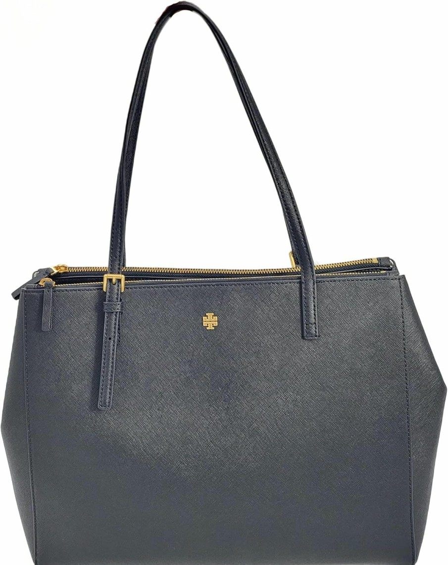 Tory Burch Tote Handbags | Tory Burch 134837 Emerson Black Saffiano Leather With Gold Hardware Women'S Large Double Zip Top Tote Bag