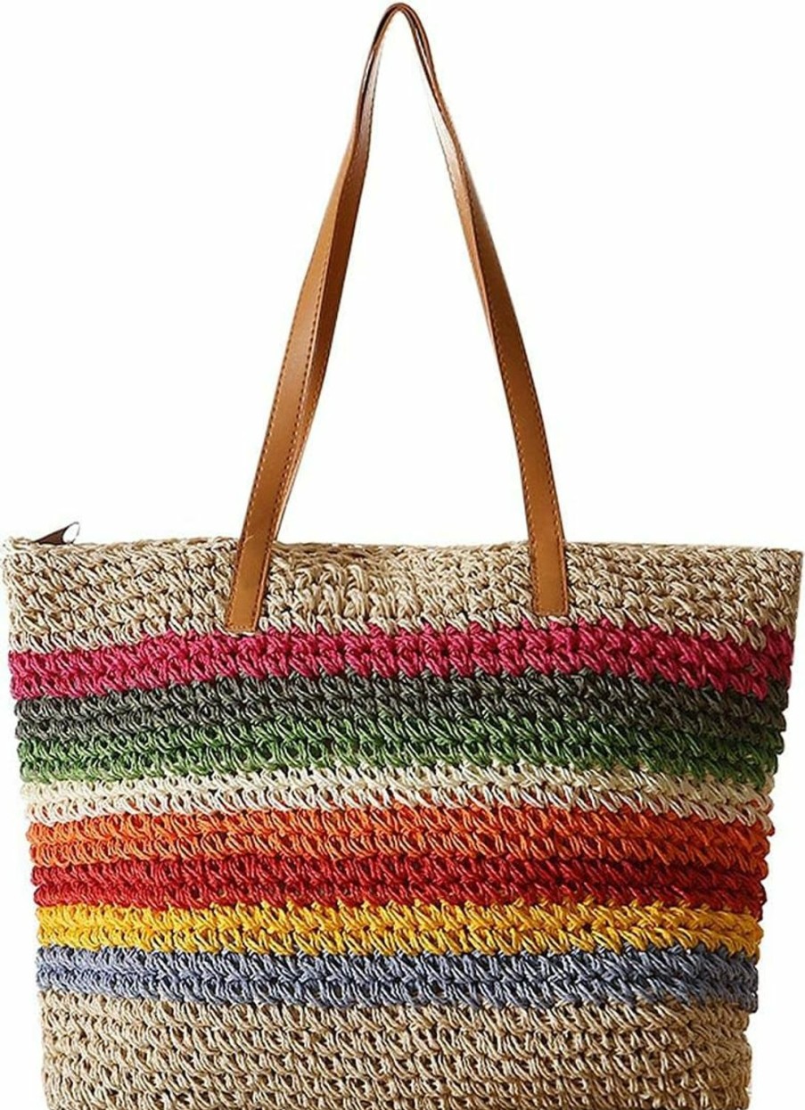 QZUnique Tote Handbags | Qzunique Straw Rainbow Handbags Women'S Cotton Crochet Hand-Woven Tote Bag Top Handle Casual Shoulder Messenger Portable Bag