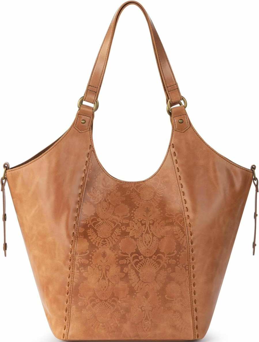 The Sak Tote Handbags | The Sak Roma Shopper In Leather, Double Leather Shoulder Straps, Tobacco Floral Emboss