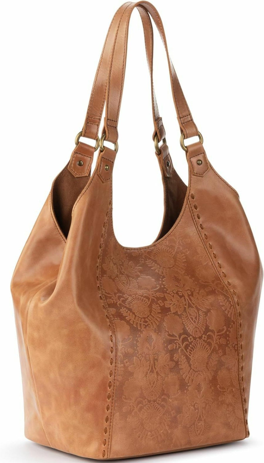 The Sak Tote Handbags | The Sak Roma Shopper In Leather, Double Leather Shoulder Straps, Tobacco Floral Emboss