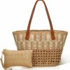 Funnysoft Tote Handbags | Funnysoft 2 Pcs Women'S Woven Shoulder Bag With Beach Straw Purse Summer Bohemian Beach Handbag Zipper Wristlet Purse Beach Totes Bags For Women