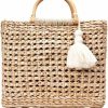 QTKJ Tote Handbags | Qtkj Fashion Women Summer Straw Crossbody Bag With Cute Tassels Pendant, Hand-Woven Beach Shoulder Bag With Top Wooden Handle Tote Bag (Khaki)