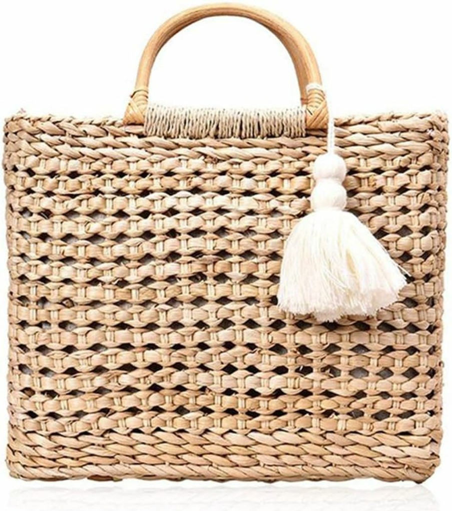 QTKJ Tote Handbags | Qtkj Fashion Women Summer Straw Crossbody Bag With Cute Tassels Pendant, Hand-Woven Beach Shoulder Bag With Top Wooden Handle Tote Bag (Khaki)