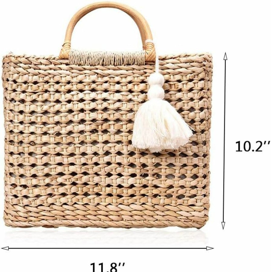 QTKJ Tote Handbags | Qtkj Fashion Women Summer Straw Crossbody Bag With Cute Tassels Pendant, Hand-Woven Beach Shoulder Bag With Top Wooden Handle Tote Bag (Khaki)