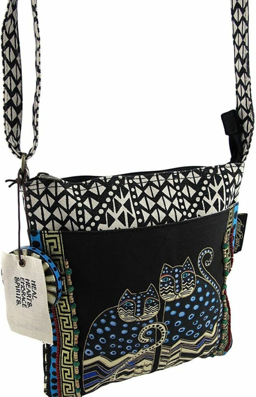 Zeckos Tote Handbags | Laurel Burch Lb4315 Crossbody Tote With Zipper Top, Spotted Cats Black