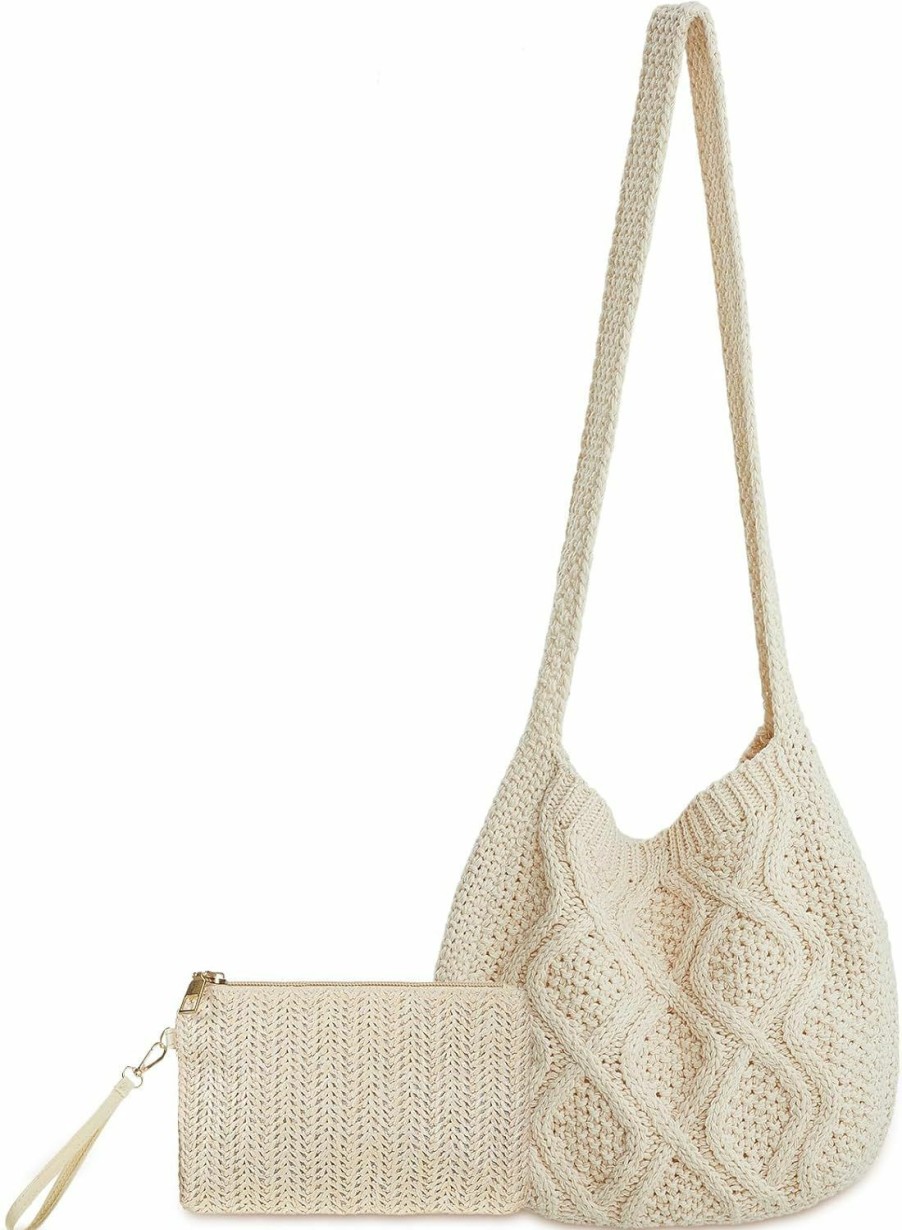 Clysee Tote Handbags | Clysee 2 Pcs Women'S Crochet Bag And Wristlet Wallet Set Crochet Tote Bag Bohemian Aesthetic Shoulder Handbag For Women