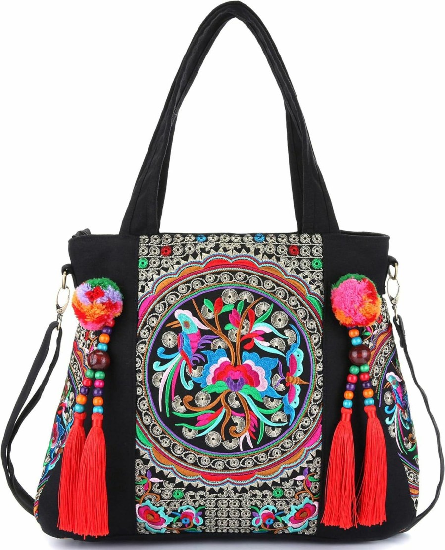 Goodhan Tote Handbags | Embroidered Tassels Tote Shoulder Bag Casual Canvas Handbag Cross Body Bag One_Size