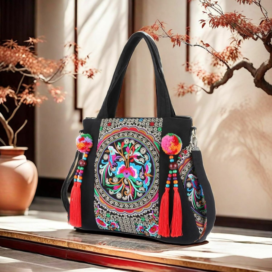 Goodhan Tote Handbags | Embroidered Tassels Tote Shoulder Bag Casual Canvas Handbag Cross Body Bag One_Size