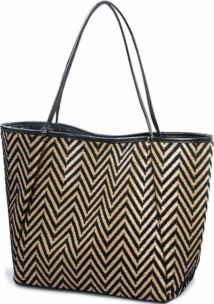 HOXIS Tote Handbags | Hoxis Oversized Chevron Beach Tote With Vegan Leather Trim Women Shoulder Handbag