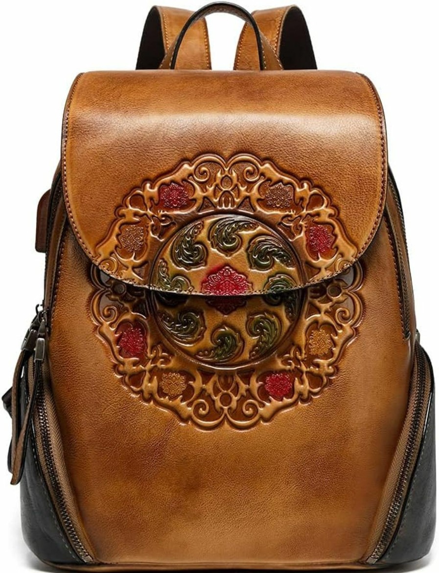 Ebesa Tote Handbags | Ebesa Leather Backpack For Women Organizer Retro Vegetable Tanning Leather Bag Vintage Embossing Totem (Orange Brown)