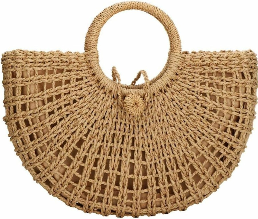 FENBEN Tote Handbags | Straw Bag For Women Large Woven Bag Round Handle Ring Tote Retro Purse Hobo Summer Beach Bag