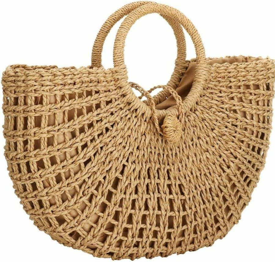 FENBEN Tote Handbags | Straw Bag For Women Large Woven Bag Round Handle Ring Tote Retro Purse Hobo Summer Beach Bag