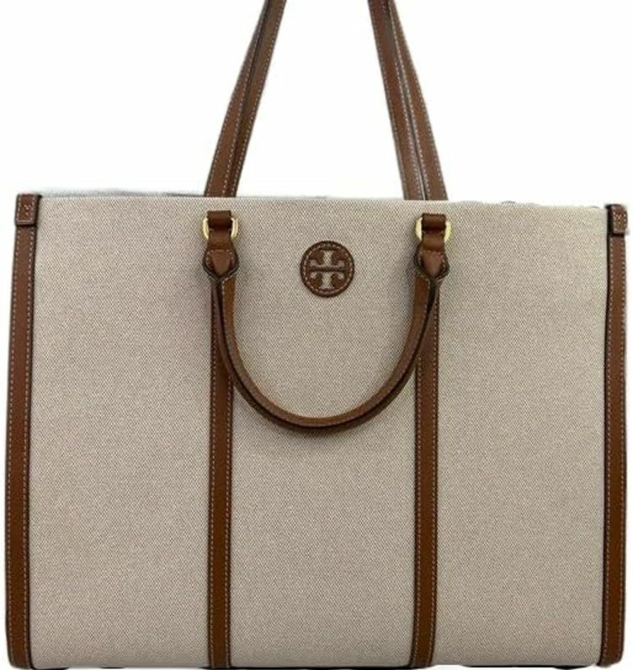 Tory Burch Tote Handbags | Tory Burch 145355 Blake Tan/Brown With Gold Hardware Canvas Women'S Large Tote Bag