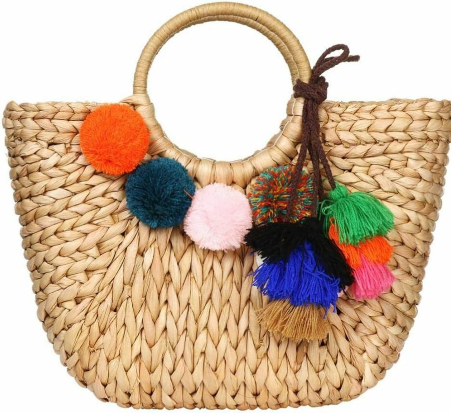 YYW Tote Handbags | Summer Rattan Bag For Women Straw Hand-Woven Top-Handle Handbag Beach Sea Straw Rattan Tote Clutch Bags