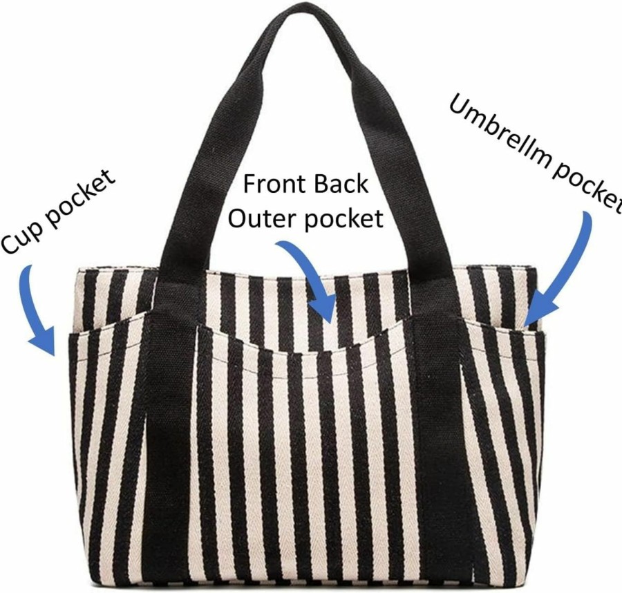 Amazon Tote Handbags | Striped Tote Handbag Classic Black White Print Street Daily Bag With 7 Pockets Gifts For Women