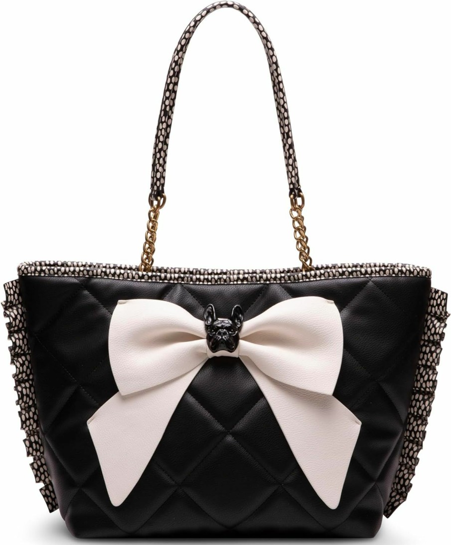 Betsey Johnson Tote Handbags | Betsey Johnson Bull Dog Bow Tote, Black/White