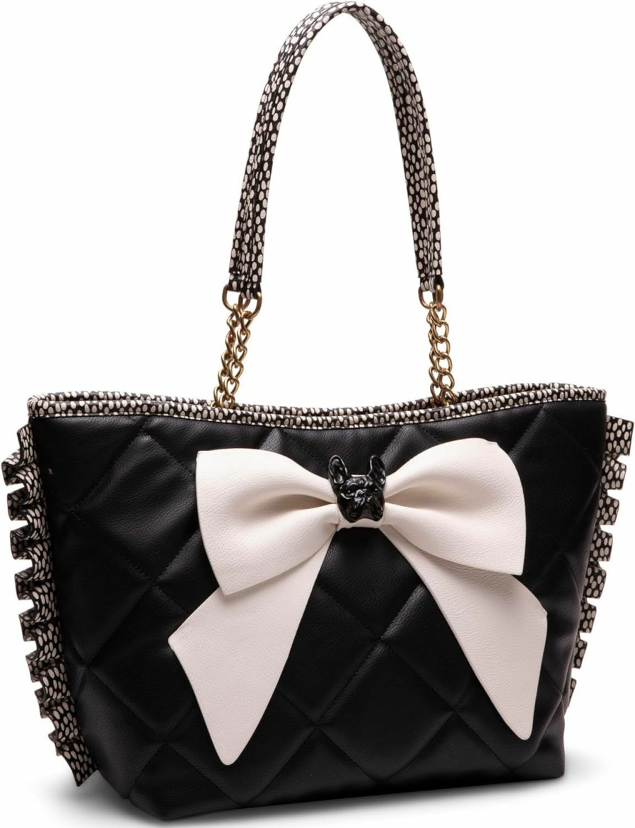 Betsey Johnson Tote Handbags | Betsey Johnson Bull Dog Bow Tote, Black/White