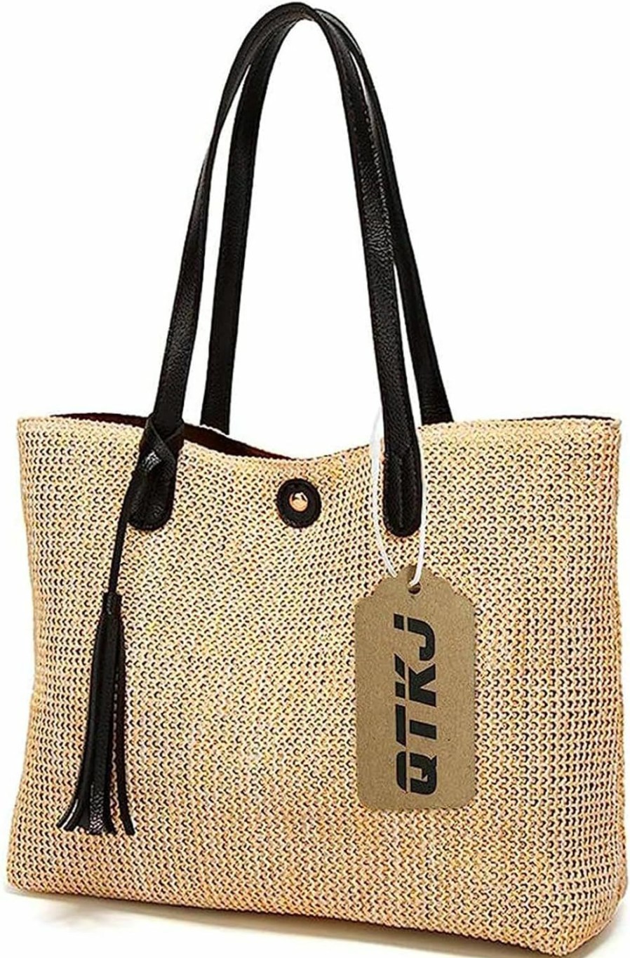 QTKJ Tote Handbags | Qtkj Women Straw Summer Beach Bag Handwoven Big Tote Leather Shoulder Handbag With Tassel Decorate