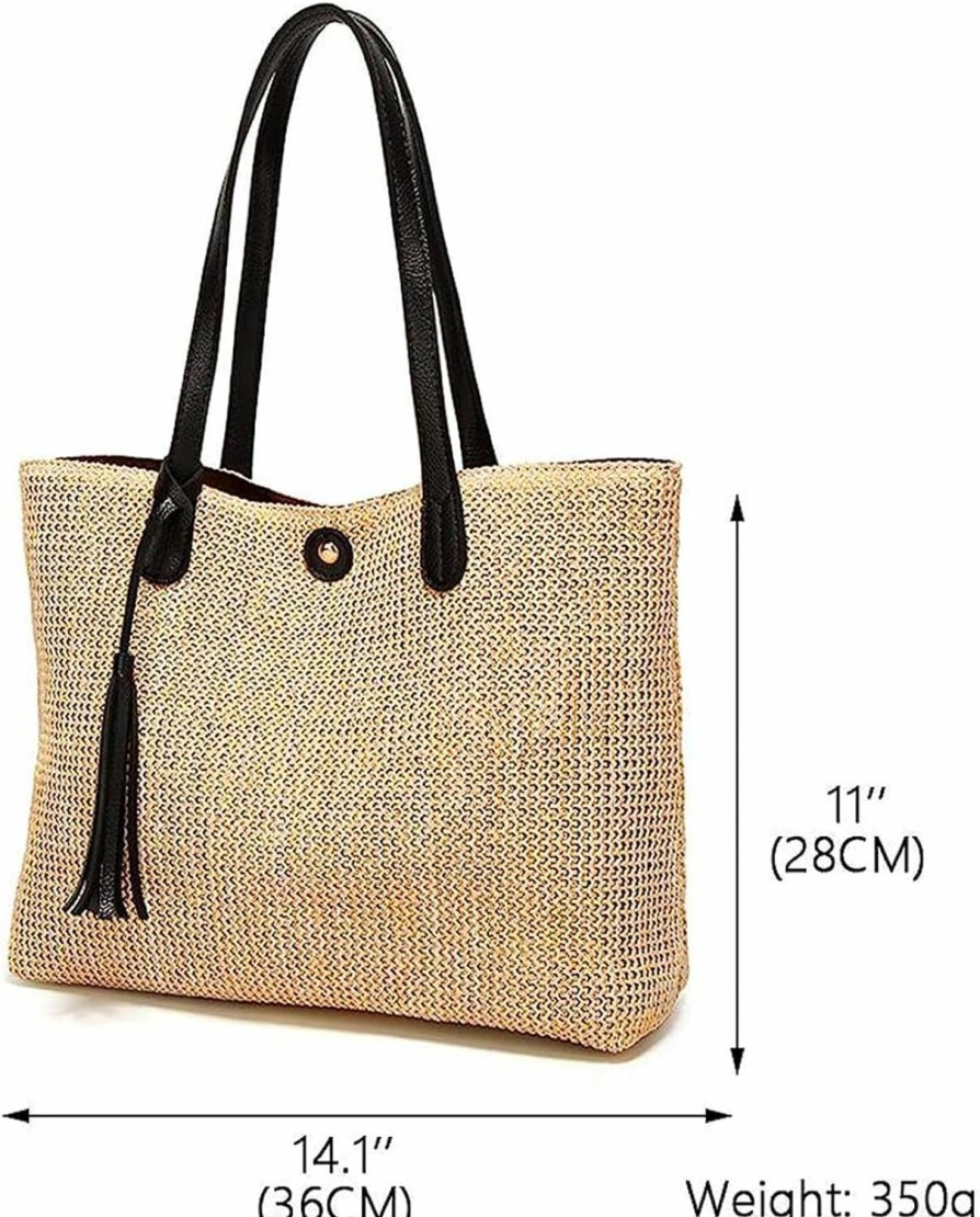 QTKJ Tote Handbags | Qtkj Women Straw Summer Beach Bag Handwoven Big Tote Leather Shoulder Handbag With Tassel Decorate