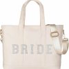 State of Bliss Modern Accessories Tote Handbags | State Of Bliss Bride Cream Designer Dupe Tote With White Pearl Bride Patch Letters | Bride To Be Tote