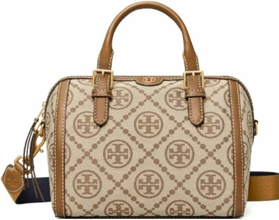 Tory Burch Tote Handbags | Tory Burch 83970 T Monogram Hazelnut Tan/Khaki With Gold Hardware Jacquard Women'S Barrel Tote Bag