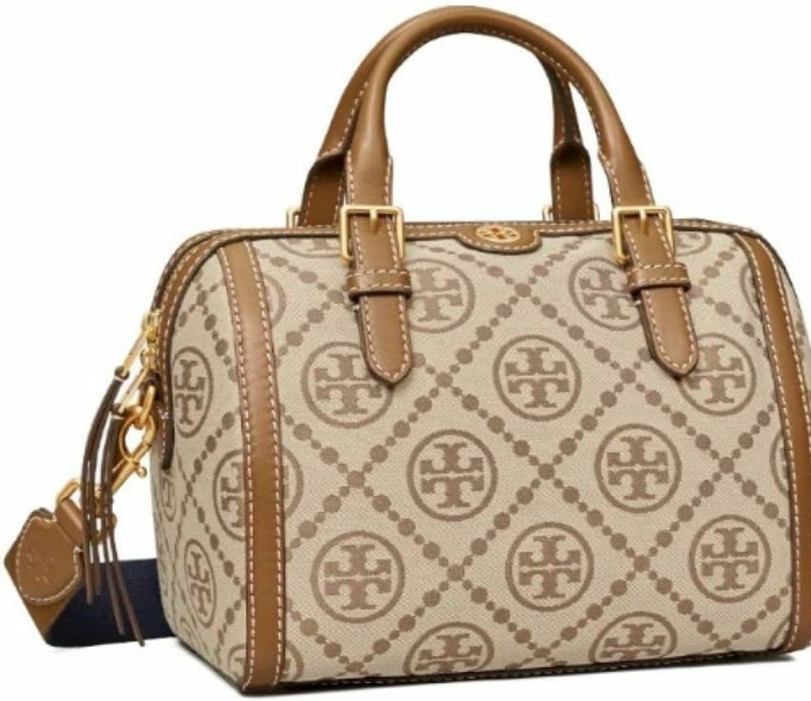 Tory Burch Tote Handbags | Tory Burch 83970 T Monogram Hazelnut Tan/Khaki With Gold Hardware Jacquard Women'S Barrel Tote Bag