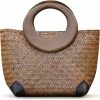 QTKJ Tote Handbags | Qtkj Hand-Woven Womens Straw Boho Handbag Bag For Women, Summer Beach Rattan Tote Travel Bag With Wood Round Top Handle (Khaki 2)