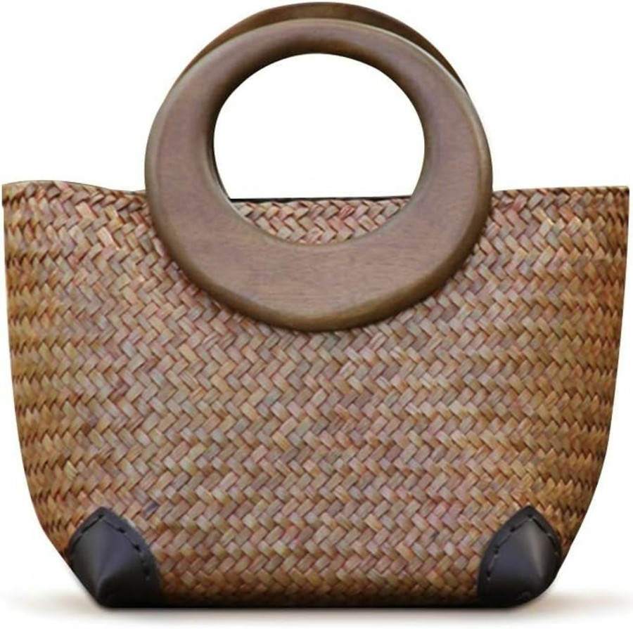 QTKJ Tote Handbags | Qtkj Hand-Woven Womens Straw Boho Handbag Bag For Women, Summer Beach Rattan Tote Travel Bag With Wood Round Top Handle (Khaki 2)