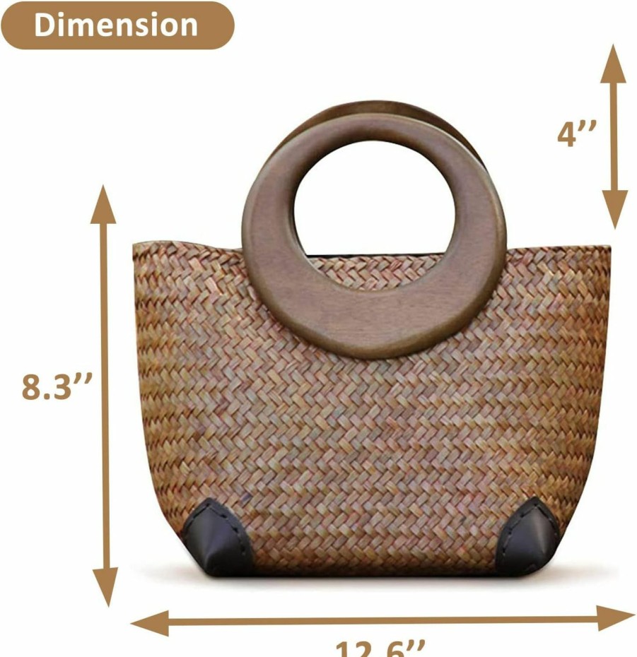 QTKJ Tote Handbags | Qtkj Hand-Woven Womens Straw Boho Handbag Bag For Women, Summer Beach Rattan Tote Travel Bag With Wood Round Top Handle (Khaki 2)