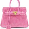 QTKJ Tote Handbags | Furry Handbag For Women, Pink Tote Bag, Large Capacity Crossbody Bag, Lambswool Patchwork Leather, Shoulder Bags For Work Travel Daily Matching(10\")