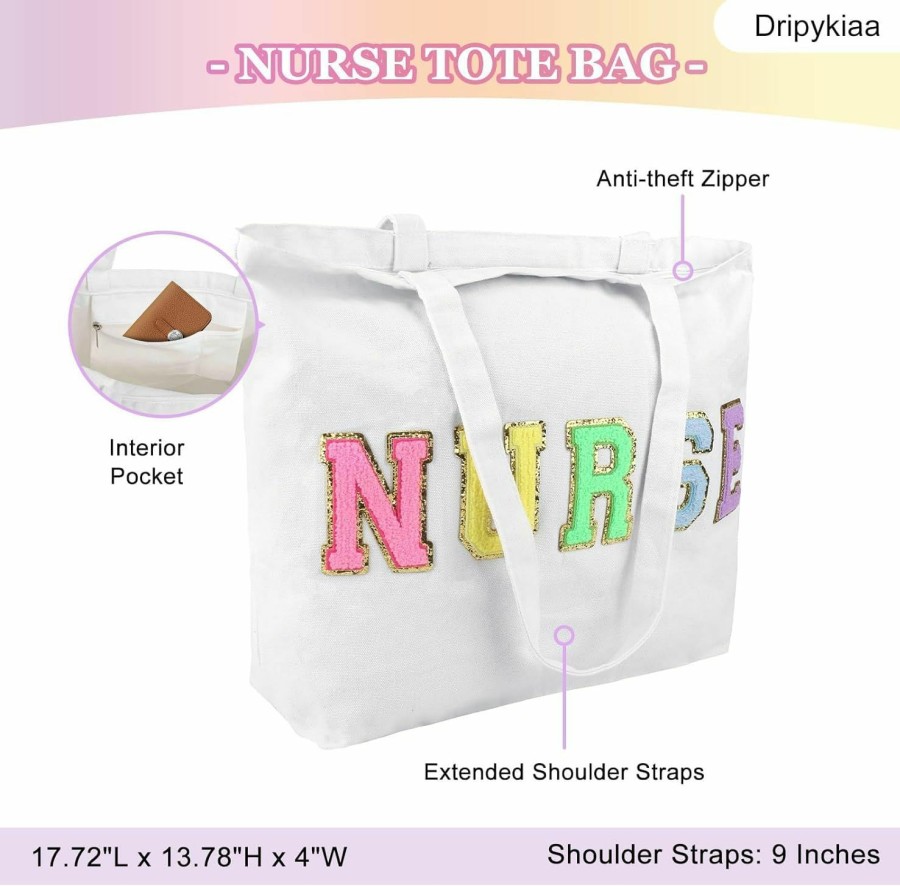 Dripykiaa Tote Handbags | Dripykiaa Nurse Tote Bag Perfect Nurse Gifts For Women, Canvas Nursing Bag With Chenille Letter Patches And Zipper Pocket