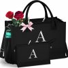 QLOVEA Tote Handbags | Qlovea Initial Black Canvas Tote Bag & Makeup Bag With Zipper Adjustable Strap, Personalized Present Bag For Women Birthday