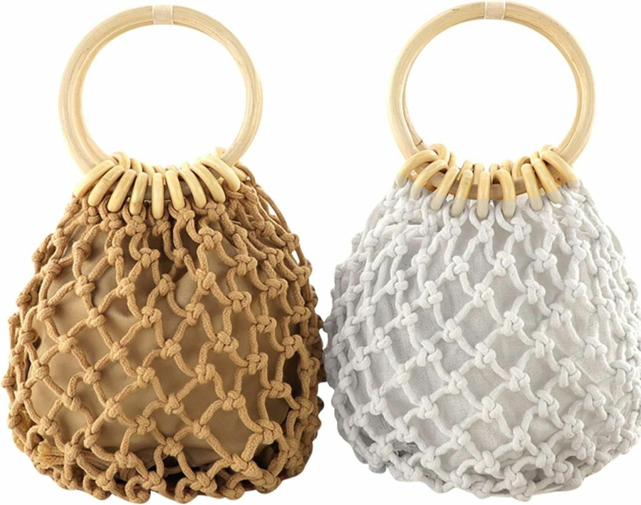 Ayliss Tote Handbags | Ayliss Women Mini Clutch Tote Handbag Top-Handle Bucket Drawstring Handbag Beach Woven Handmade Fishing Net Bag Pouch Purse