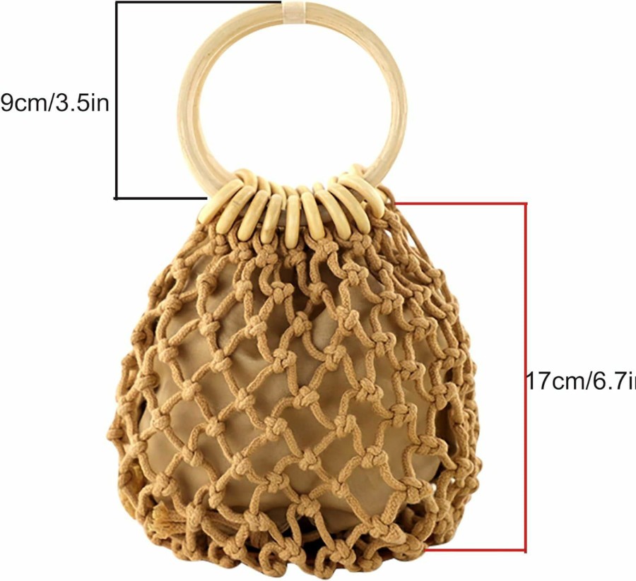 Ayliss Tote Handbags | Ayliss Women Mini Clutch Tote Handbag Top-Handle Bucket Drawstring Handbag Beach Woven Handmade Fishing Net Bag Pouch Purse