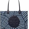 Tory Burch Tote Handbags | Tory Burch Ella Printed Tote Bag Handbag Navy Warped Gingham Nylon Leather