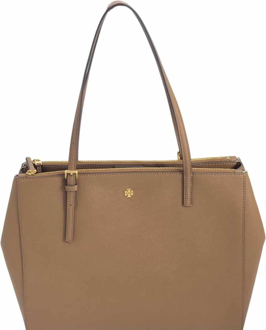 Tory Burch Tote Handbags | Tory Burch 134837 Emerson Moose Tan With Gold Hardware Women'S Large Double Zip Tote Bag