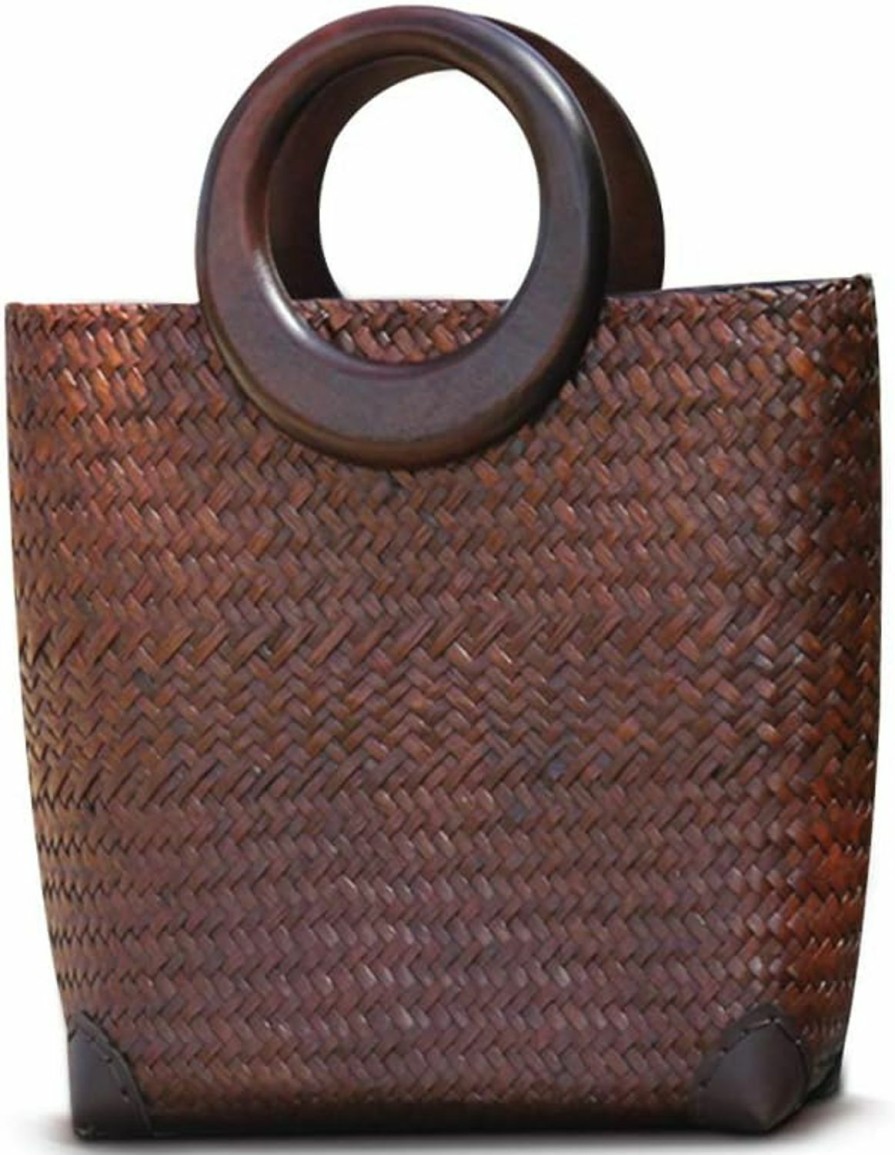 QTKJ Tote Handbags | Qtkj Hand-Woven Womens Straw Large Boho Handbag Bag For Women, Summer Beach Rattan Tote Travel Bag With Wood Round Top Handle (Brown)