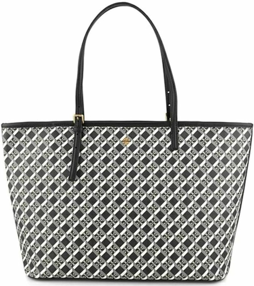 Tory Burch Tote Handbags | Tory Burch 143364 Geo Logo Black/Grey/White With Gold Hardware Women'S Large Top Zip Tote Bag