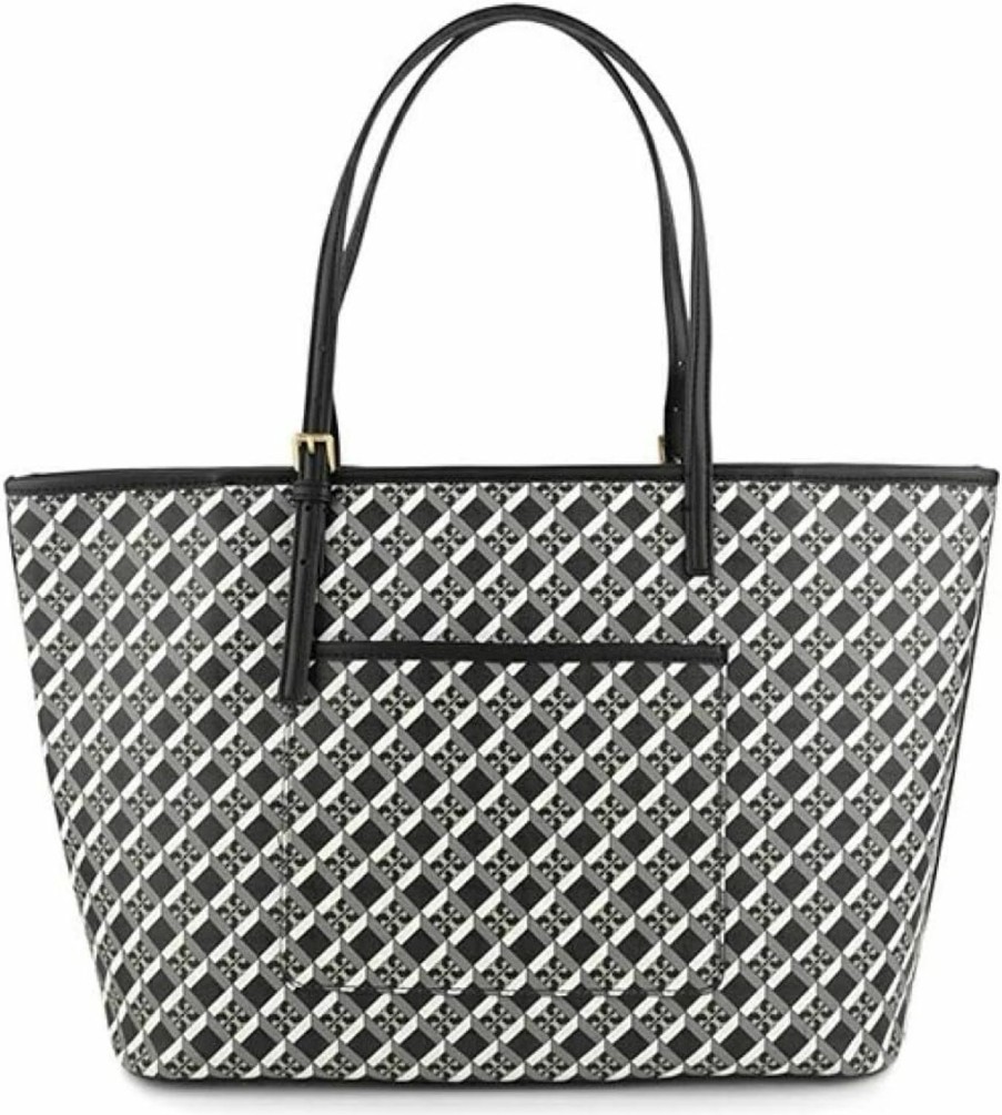 Tory Burch Tote Handbags | Tory Burch 143364 Geo Logo Black/Grey/White With Gold Hardware Women'S Large Top Zip Tote Bag