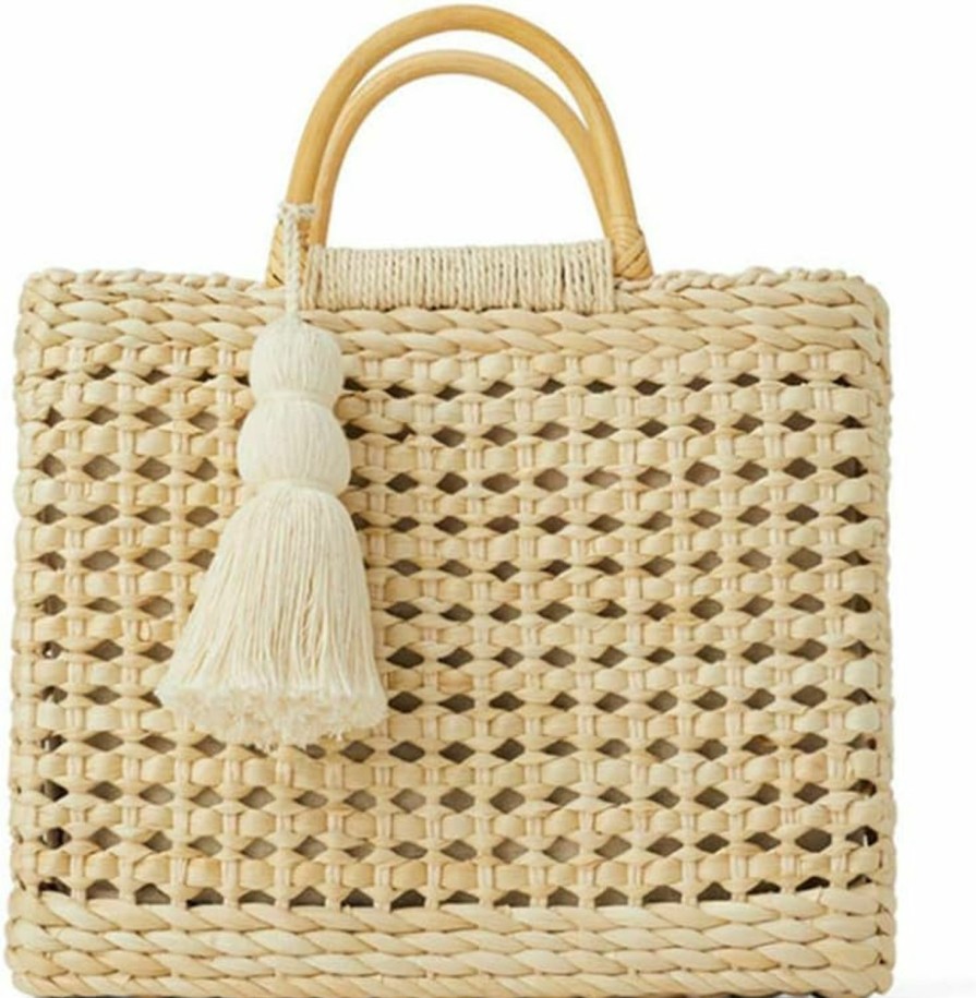 QTKJ Tote Handbags | Qtkj Fashion Women Summer Straw Crossbody Bag With Cute Tassels Pendant, Hand-Woven Beach Shoulder Bag With Top Wooden Handle Tote Bag (Beige)