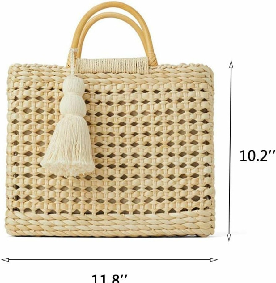 QTKJ Tote Handbags | Qtkj Fashion Women Summer Straw Crossbody Bag With Cute Tassels Pendant, Hand-Woven Beach Shoulder Bag With Top Wooden Handle Tote Bag (Beige)