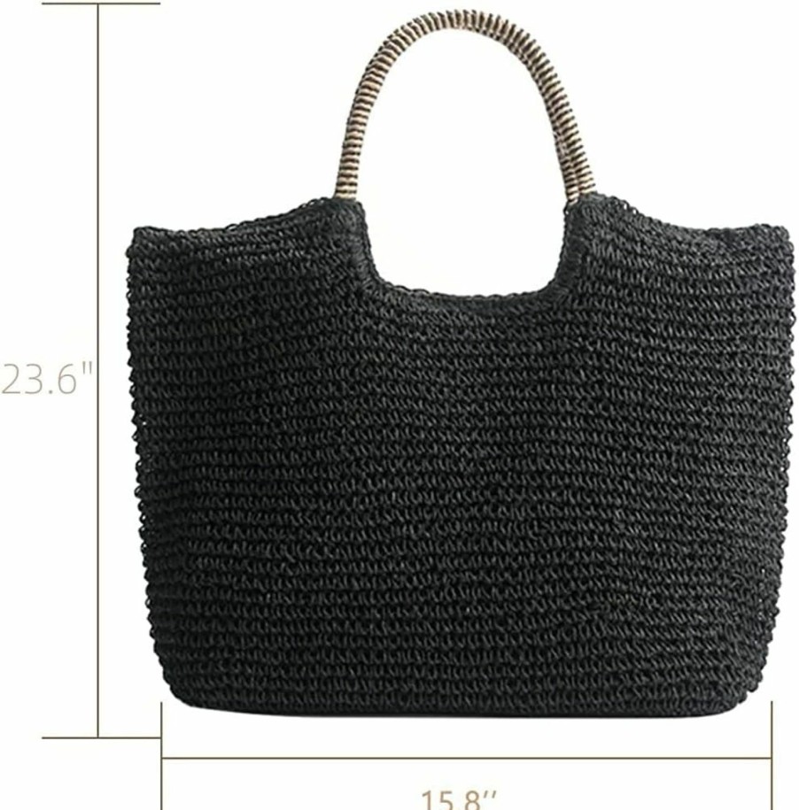 QTKJ Tote Handbags | Qtkjhand-Woven Soft Large Straw Shoulder Bag, Beach Tote Black Boho Straw Handle Tote Retro Summer Beach Bag Rattan Handbag (Black)